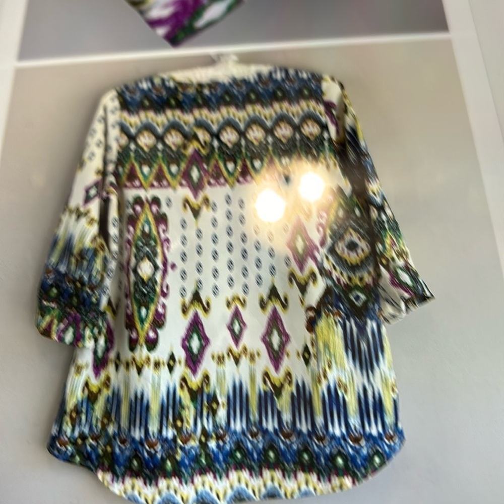Yetts Los Angeles boho tunic 3/4 sleeve blue yellow purple ikat print size M